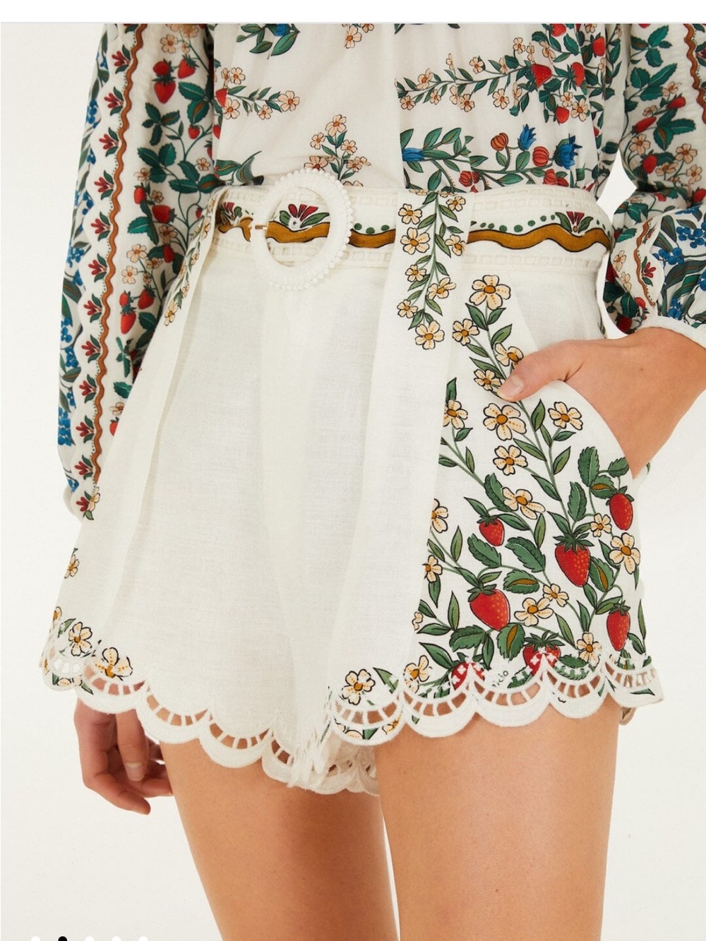 FARM Rio White High-Waist Embroidered Strawberry Scalloped Shorts - Picture 2 of 5